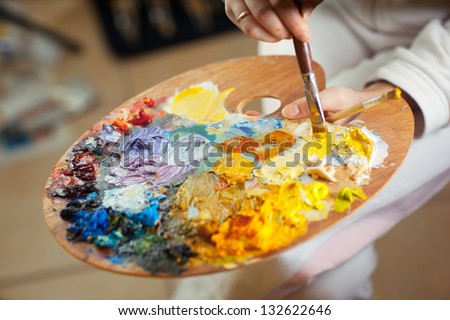 Artist Brush Mix Color Oil Painting On Palette Is Holding In His Hand Closeup