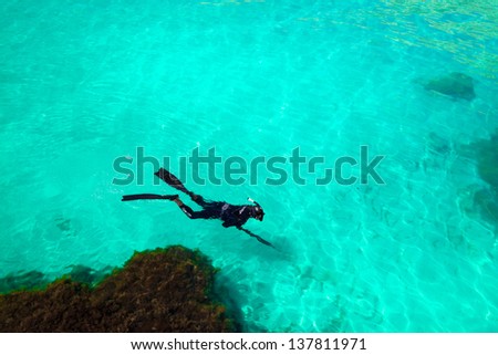 a man in a diving suit swims in the sea, top view. Activities on the water