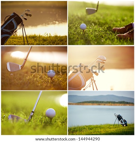 Collage On The Theme Of Golf - Clubs, Ball, Tee, Bag, Grass