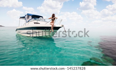 Attractive young girl in bikini posing on a yacht at a sunny summer day