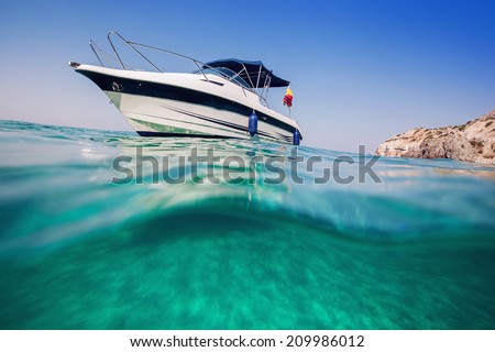 Motor boat. View from under the water.