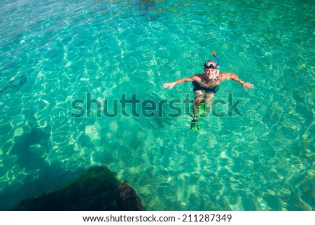 Young man snorkeling in clean water over coral reef. Top view of the swimmers with flippers, mask and snorkel.