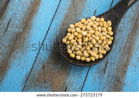 white beans with wooden spoon on the blue wooden table