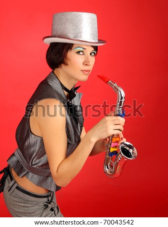 Woman with Saxophone  on red