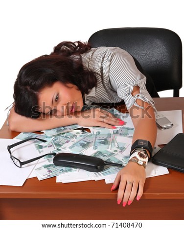 Sleeping woman at work and money