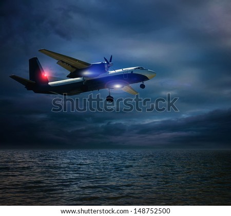 airplane over the sea in a storm