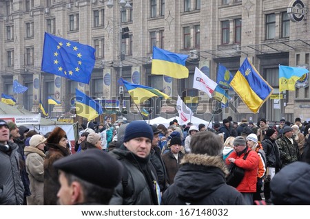 KYIV, UKRAINE - DECEMBER 12: Ukrainian people demand the resignation of the government and early voting on the Maidan Nezalezhnosti on December 12, 2013 in Kyiv, Ukraine