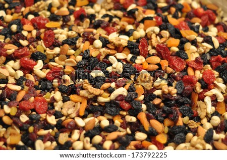 background of mixture of nuts and raisins