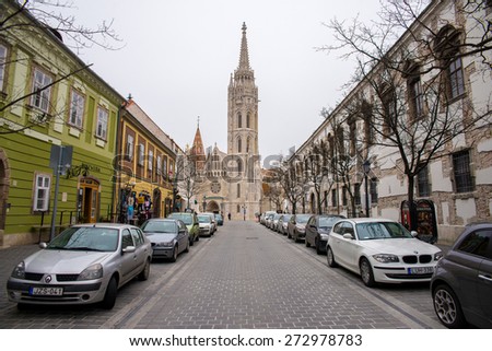 BUDAPEST, HUNGARY - MARCH 12, 2015: Cars parked on the old streets of Budapest. March 12, 2015. Budapest, Hungary.