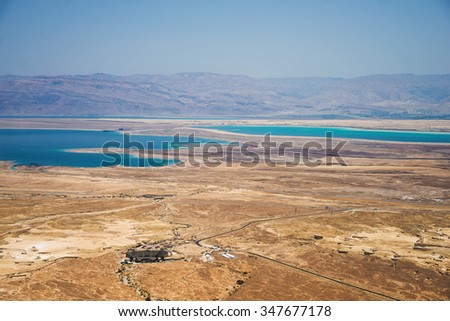 Top view from Masada fortress to the Judaean desert and the Dead Sea