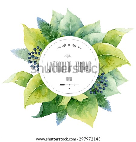Round watercolor template with green leaves and circular place for text. Vector illustration