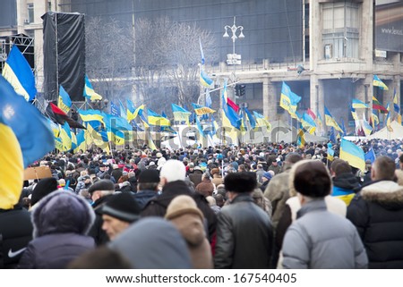 KYIV, UKRAINE - DECEMBER 13: Ukrainian people demand the resignation of the government and early voting on the Maidan Nezalezhnosti on December 13, 2013 in Kyiv, Ukraine