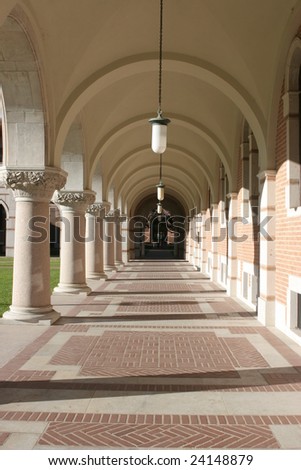 Hallway with classic columns at Rice University, Houston, Texas