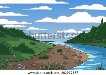 Editable vector illustration of a river valley landscape