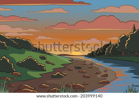 Editable vector illustration of a river valley landscape at sunset