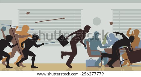 Editable vector color cutouts of cavemen attacking a business meeting