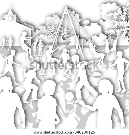 White cutout illustration of children playing in a school playground
