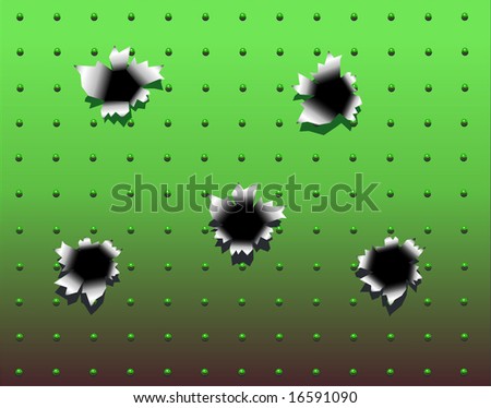 Background design of bullet holes in green metal