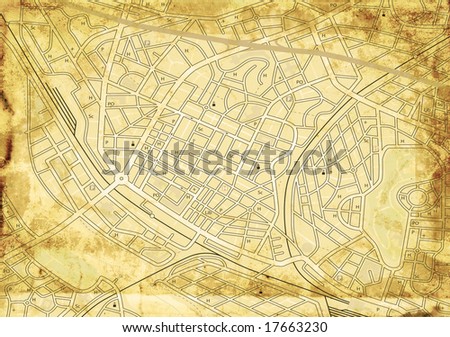 Old stained street map with no names