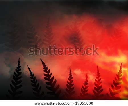 Abstract illustration of a forest fire and ferns