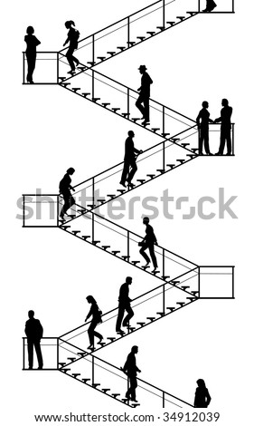  vector silhouettes of people walking up and down flights of stairs with
