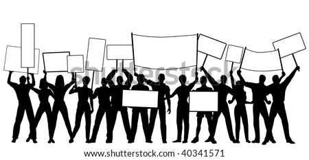 Editable vector silhouettes of people holding placards or signs with all people and signs as separate objects