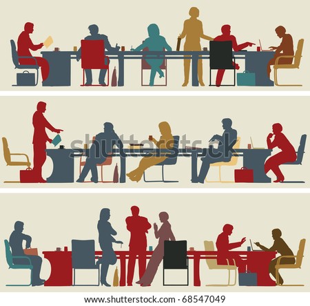 Set of three editable vector foreground silhouettes of colorful business meetings