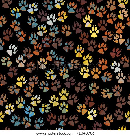 Editable vector seamless tile of colorful dog paw prints