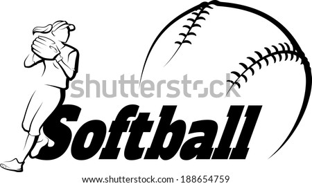 Softball player throwing with softball text & a stylized ball.