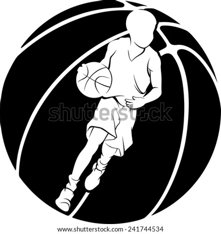 White silhouette of boy dribbling a basketball inside a basketball silhouette.