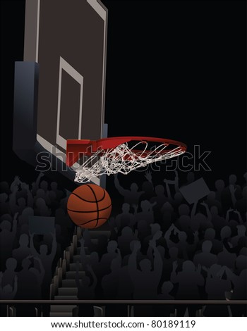 Basketball Swishing Through A Basketball Hoop With Fans in Background