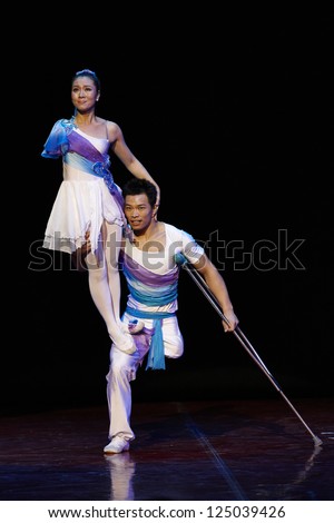 MOSCOW, RUSSIA - DECEMBER 08: Ma Li and Zhai Xiaowei on Charity concert in Nations Theater in Moscow, Russia, December 08, 2012