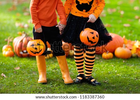 Children in black and orange witch costume and hat play with pumpkin and spider in autumn park on Halloween. Kids trick or treat. Boy and girl carving pumpkins. Family fun in fall. Dressed up child.
