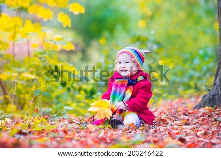 Funny little toddler girl in a red jacket and colorful knitted hat and scarf playing with golden maple leaves in a sunny park with yellow and orange trees on a warm autumn day