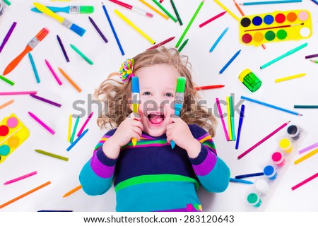 Child with draw and paint supplies. Kids happy to go back to school. Preschool kid learning and studying. Creative children at kindergarten. Office and art supply objects collection.