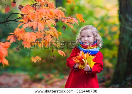 Little girl with yellow leaf. Child playing with autumn golden leaves. Kids play outdoors in the park. Children hiking in fall forest. Toddler kid under a maple tree on a sunny October day.