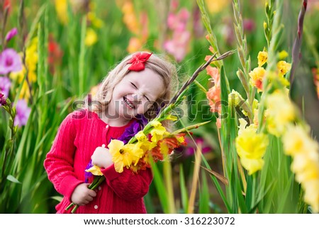 Little girl holding gladiolus flower bouquet. Child picking fresh flowers in the garden. Children gardening in autumn. Kids play in blooming field in late summer or early fall. Kid discovering nature.