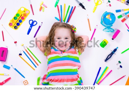 Child with draw and paint supplies. Kids happy to go back to school. Preschool kid learning and studying. Creative children at kindergarten. Office supply objects collection.
