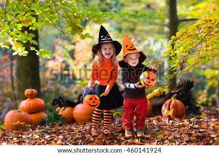 Children wearing black and orange witch costumes with hats playing with pumpkin and spider in autumn Park on Halloween. Kids trick or treat. Boy and girl carving pumpkins.