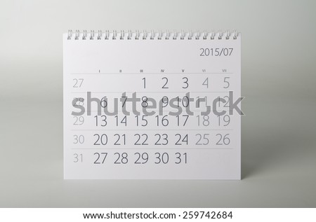 July. Calendar sheet. Two thousand fifteen year calendar.