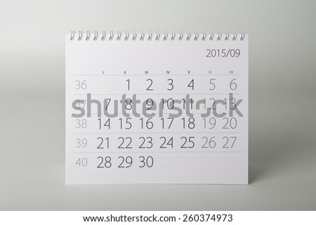 September. Calendar sheet. Two thousand fifteen year calendar.