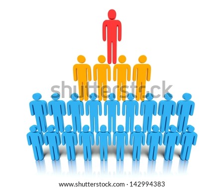 A 3D concept graphic depicting a hierarchy of people. Rendered against a white background with a soft shadow and reflection to enhance the 3D.