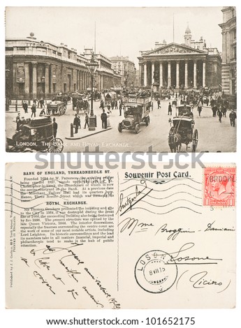 vintage post card London, The Bank and Royal Exchange. written at 7. July 1915