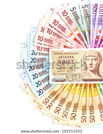 old greek drachma and euro cash notes. euro currency crisis concept