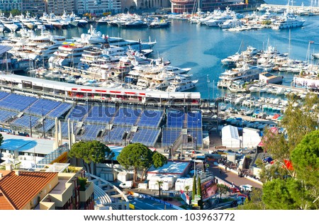 MONACO - MAY 22: View of Monaco harbor prepared for Formula 1 Grand Prix de Monaco. luxury yacht in port Hercules on  May 22, 2012, Monaco