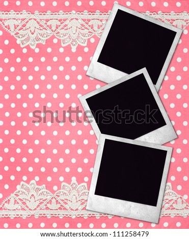 three old photo frames over pink white polka dot background with lace border