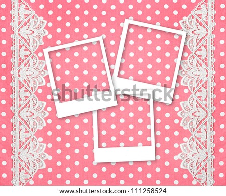 three picture photo frames over pink white polka dot background with lace border