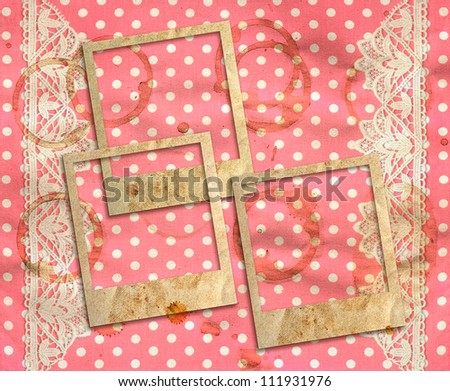 three old photo frames over dirty pink white polka dot background with lace border