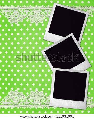 three old photo frames over green white polka dot background with lace border