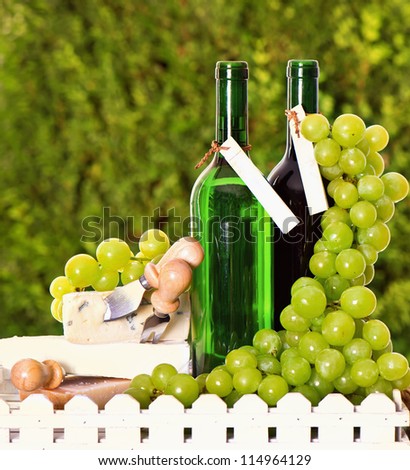 bottle of wine, cheese and grapes over nature green background